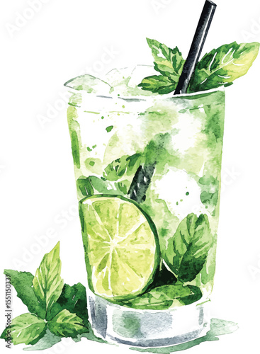Mojito cocktail with mint, lime and watercolor splashes on white background. Alcohol drink  illustration vector