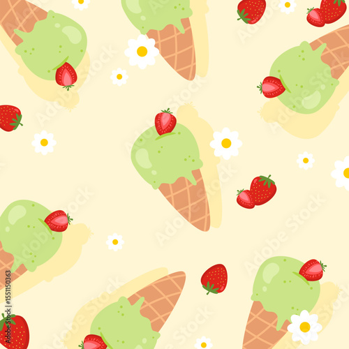 Matcha ice cream seamless pattern with strawberry and flower decoration. Food cartoon. Can be used for wallpaper, paper wrapping, print and fashion fabric