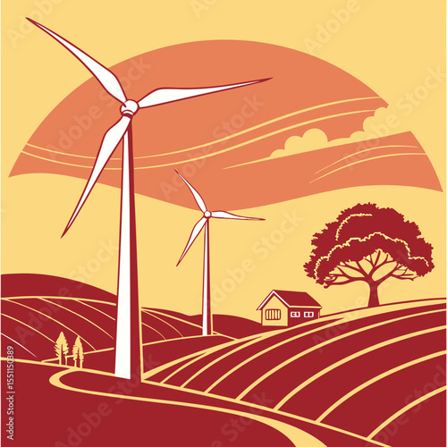 Stylized landscape featuring wind turbines for sustainable energy generation