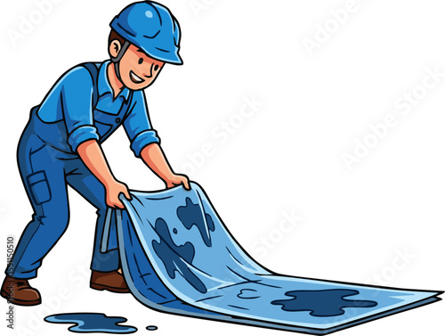 Cartoon Worker Cleaning Up a Messy Spill with a Blue Cloth