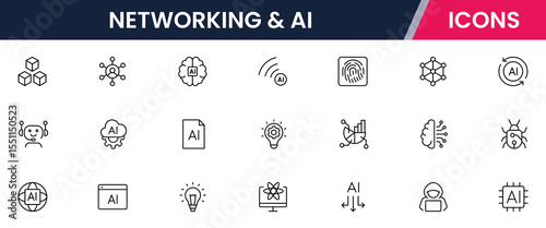 Vector illustration web line icon collection for networking & AI, connections, neural networks, data, and tech symbols in a sleek, modern, innovative design style.