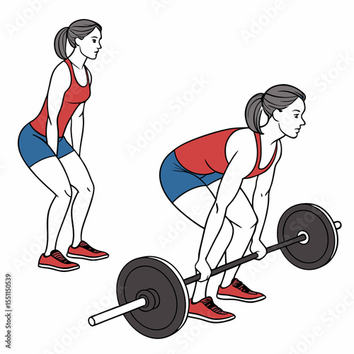 Illustrated woman performing a barbell deadlift, showing starting and ending positions