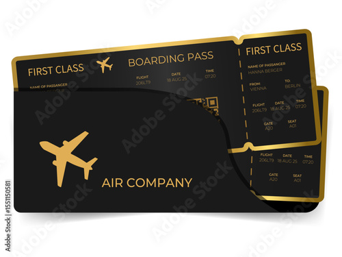 First class plane tickets in an envelope. First class. VIP person. Black with gold. Vector image.