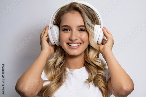 Modern Woman in Stylish Outfit Experiencing Musical Escape