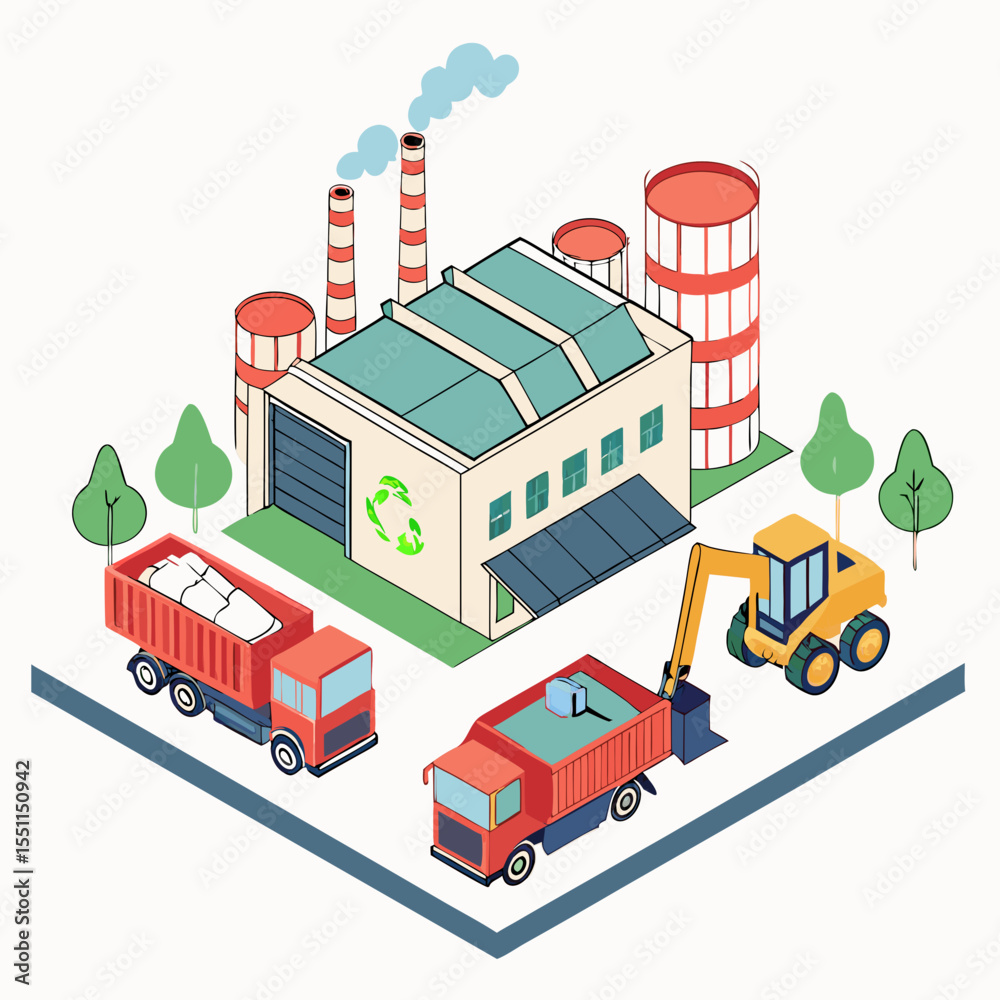 Fototapeta premium Isometric illustration showcasing a recycling facility promoting environmental sustainability