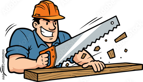 Cheerful Carpenter Sawing Wood with Enthusiasm and Protective Hard Hat