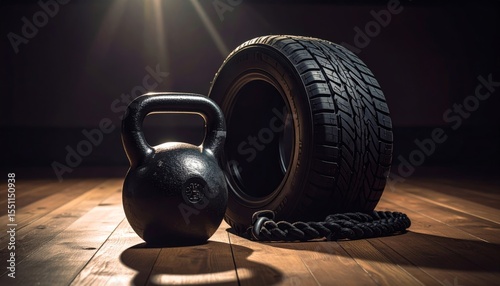 Kettlebell and Tire for Functional Fitness Training on Wooden Floor photo
