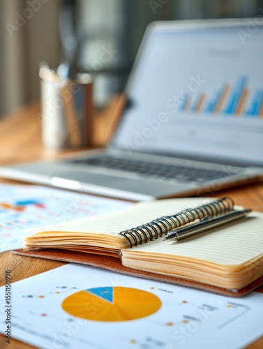 Financial Planning Workspace With Laptop, Charts, and Notebook Organized for Effective Strategy Sessions at Home or Office