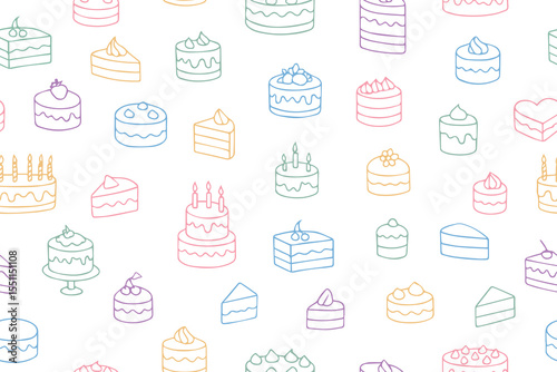 Seamless pattern of hand drawn cakes, cupcakes. Doodle style. Bright colorful designs for International Cake Day and Birthday. Vector illustration