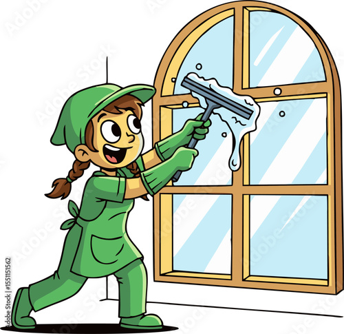 Cheerful Cartoon Maid Cleaning an Arch-Top Window