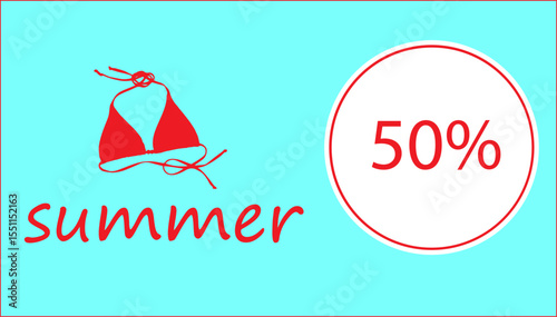 swimsuit top 50% summer text, on a blue background,