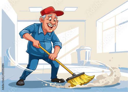 Cheerful Elderly Janitor Sweeping with Broom
