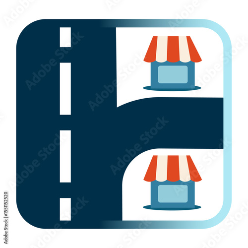 Market map icon with T-junction road and two storefronts, navigation and business location concept in flat design