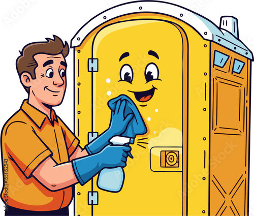 Cheerful Janitor Cleaning a Smiling Portable Toilet