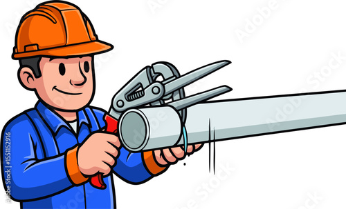 Cheerful Plumber Cutting Pipe with Specialized Tool