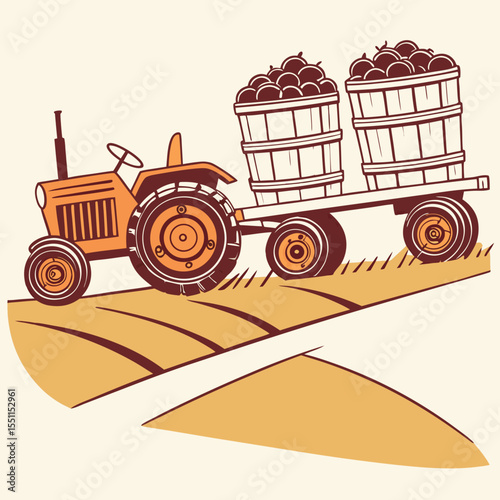 Vintage tractor carrying harvested fruits across rural agricultural farmland