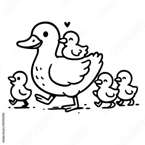 Two ducks and ducklings cartoon illustration isolated on white background