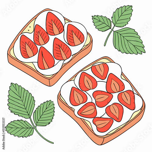 Artistic depiction of strawberry toasts with cream, perfect for breakfast menu design