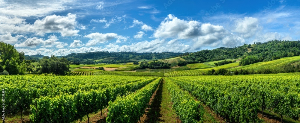 Naklejka premium The sprawling vineyard under a bright blue sky and fluffy clouds.