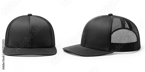 Black Trucker Cap Mockup – Front and Side View Isolated on White Background