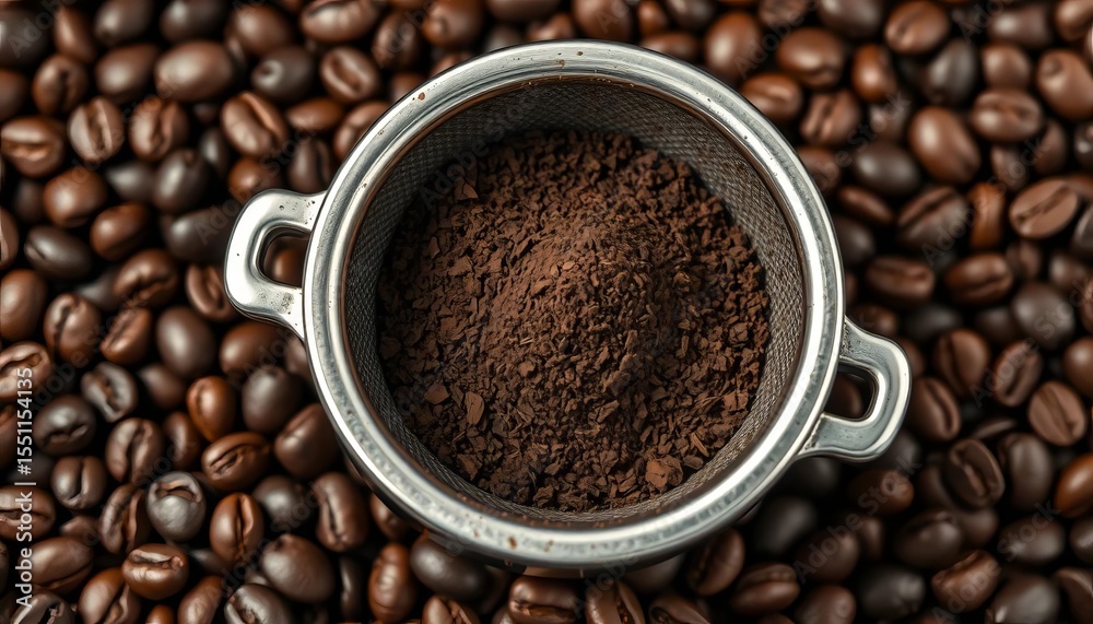 Fototapeta premium Dark roasted coffee grounds in portafilter nestled amongst beans, brown, coffee bean