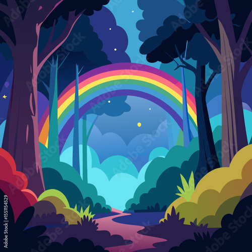 Enchanted Forest & Rainbow's Embrace: An artistic illustration of a vibrant rainbow arching gracefully over a mysterious forest.