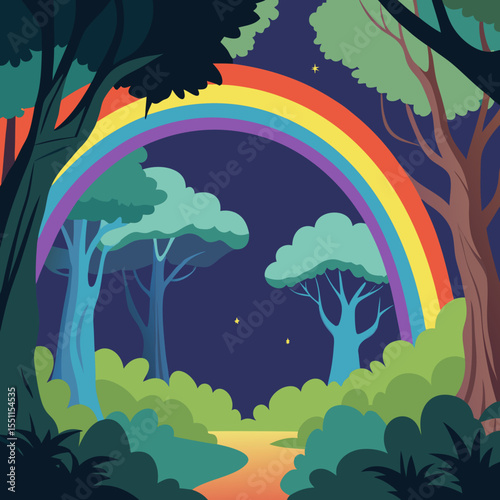Enchanted Forest & Rainbow's Embrace: An artistic illustration of a vibrant rainbow arching gracefully over a mysterious forest.