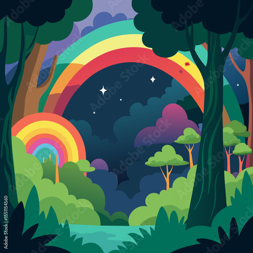Enchanted Forest & Rainbow's Embrace: An artistic illustration of a vibrant rainbow arching gracefully over a mysterious forest.