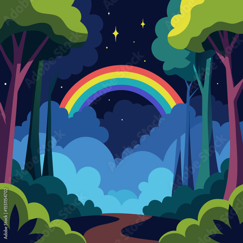 Enchanted Forest & Rainbow's Embrace: An artistic illustration of a vibrant rainbow arching gracefully over a mysterious forest.