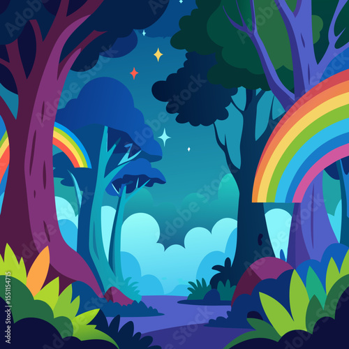 Enchanted Forest & Rainbow's Embrace: An artistic illustration of a vibrant rainbow arching gracefully over a mysterious forest.