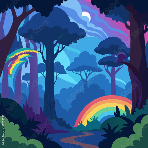 Enchanted Forest & Rainbow's Embrace: An artistic illustration of a vibrant rainbow arching gracefully over a mysterious forest.