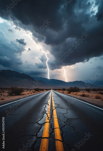 Desert Road Under Stormy Skies with Lightning Strike Cracked Pavement and Mountain Backdrop