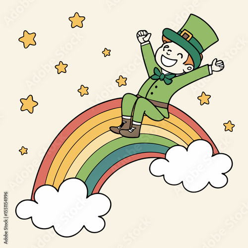 Joyful leprechaun sliding down a vibrant rainbow among sparkling stars illustration