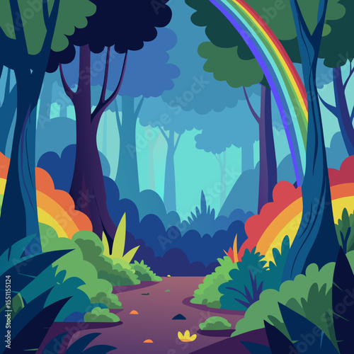 Enchanted Forest & Rainbow's Embrace: An artistic illustration of a vibrant rainbow arching gracefully over a mysterious forest.