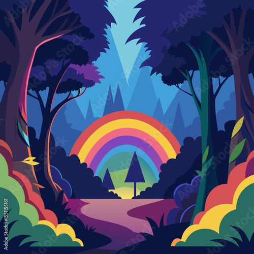 Enchanted Forest & Rainbow's Embrace: An artistic illustration of a vibrant rainbow arching gracefully over a mysterious forest.