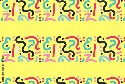 Seamless vector pattern with colorful abstract doodle shapes on a bright yellow background. Fun, playful design ideal for wrapping paper, fabric, wallpaper, and creative projects.