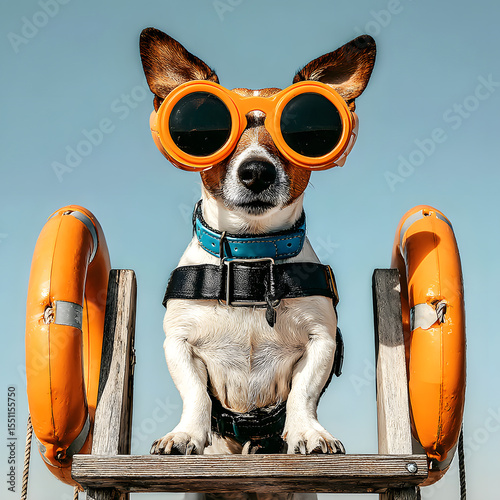Dog Wearing Sunglasses Sits on Lifeguard Stand with Buoys Against a Blue Sky