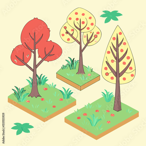 Three stylized autumn trees on grassy isometric squares, simplistic design