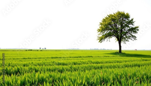 the image features a large, broad tree prominently positioned in a lush, verdant field