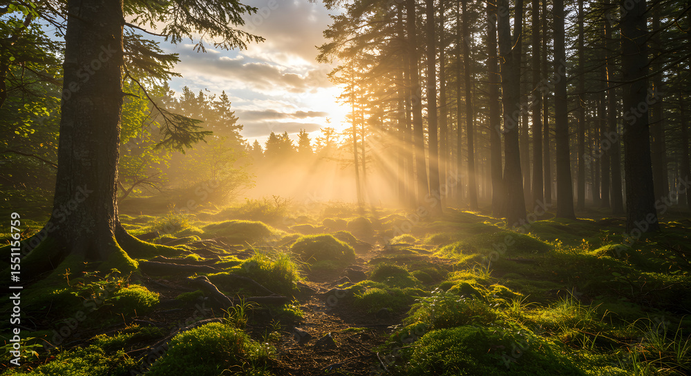 Obraz premium Sunbeams pierce through misty forest canopy illuminating mossy ground and roots