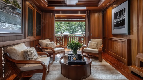 Interior view of a wood paneled room with chairs and a balcony overlooking trees and the ocean