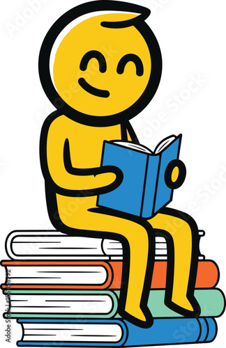 Cartoon yellow character reading book, sitting on stacked books, happy education concept, studying illustration, knowledge, learning icon, school success, simple flat vector