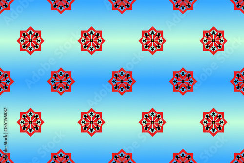 Dynamic seamless ethnic pixel art pattern featuring bold red and black geometric motifs over a serene blue to light blue gradient background. Ideal for modern fashion, vibrant textiles, and digital de
