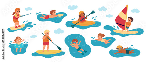Kids swimming. Cute boys, girls engaged in water sports, funny junior athletes, children go kayaking, diving, windsurfing, summer vacation, leisure time garish vector cartoon isolated set