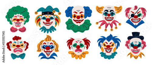 Evil clowns heads. Cartoon creepy carnival characters, crazy faces scary, circus artists with spooky makeup, halloween party masks, monster crazy smile, psycho mascot garish vector isolated set