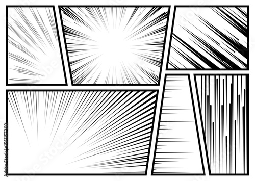 Comics book frames. Motion line effects, screentone page, flash and speed strokes anime or manga, empty template, black and white background, page template, qualitative vector set