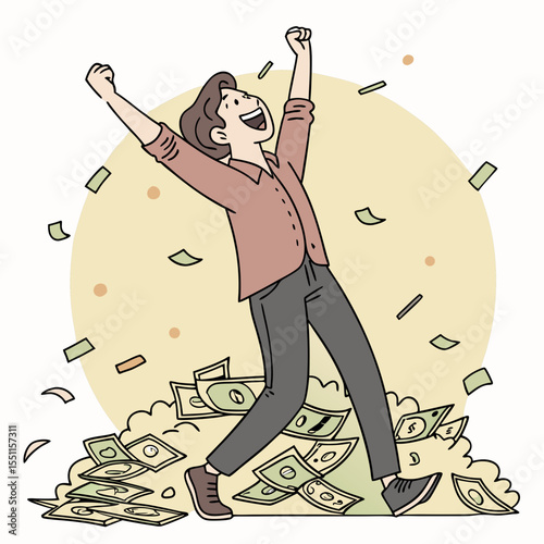 Elated individual celebrating success amidst financial abundance and fortune