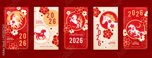 Chinese horse new year cards. Traditional asian horoscope symbol, red flowers patterned animal silhouettes, fiery steed, celebration 2026, zodiac posters, flyer template, tidy vector set