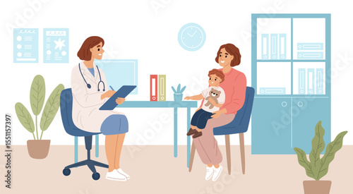 Child in pediatrics office. Mom and son at doctor appointment, medical kids check up, clinic consultation, examining, children healthcare, specialist treatment garish vector cartoon concept