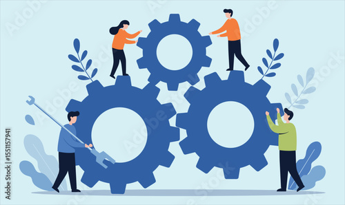 Teamwork and Business Mechanism: People Collaborating to Move Gears, Representing System Integration, Problem Solving, and Achieving Common Goals Together.
